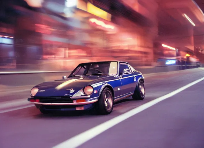 Image similar to Datsun 240Z Fairlady Z 1973 racing down high way night time japan film photo motion blur front side view ((((Wadim Kashin Wenjun Lin))))