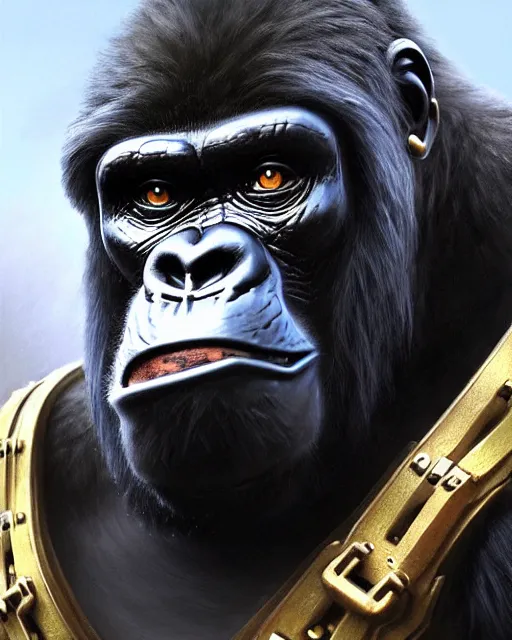 Prompt: winston the gorilla in his armor from overwatch, character portrait, portrait, close up, concept art, intricate details, highly detailed by greg rutkowski, michael whelan and gustave dore