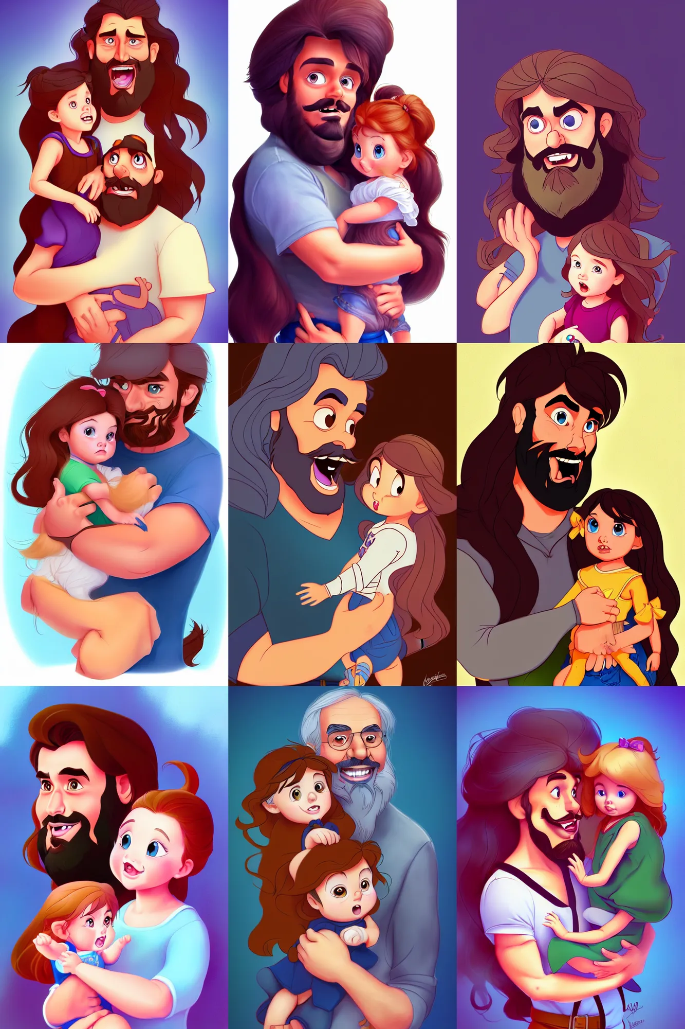 Image similar to a long - haired bearded father and his child toddler girl full color digital illustration in the style of don bluth, artgerm, artstation trending, 4 k