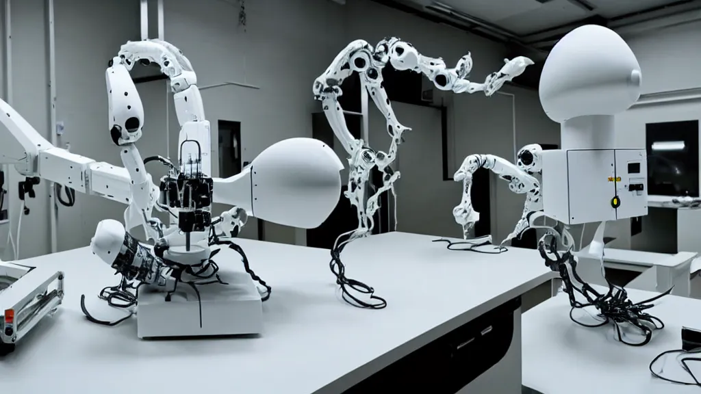 Image similar to a complex bifurcated robotic cnc surgical arm hybrid mri 3 d printer machine making black and white ceramic mutant forms in the laboratory inspection room, film still from the movie directed by denis villeneuve with art direction by salvador dali, wide lens