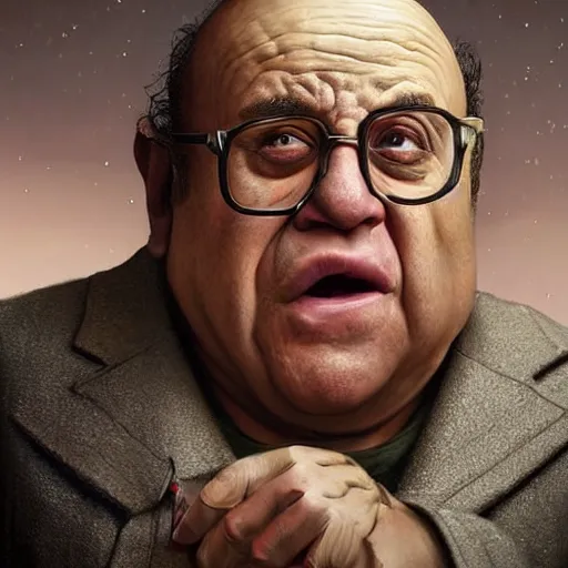 Image similar to hyperrealistic mixed media high resolution painting of Danny DeVito is Gollum, stunning 3d render inspired art by Jamie Salmon and István Sándorfi and Unreal Engine and Greg Rutkowski, perfect facial symmetry, dim volumetric lighting, 8k octane beautifully detailed render, full body shot, post-processing, extremely hyper-detailed, intricate, epic composition, highly detailed attributes, highly detailed atmosphere, cinematic lighting, masterpiece, trending on artstation, very very detailed, masterpiece, stunning, flawless completion, lifelike texture, perfection,