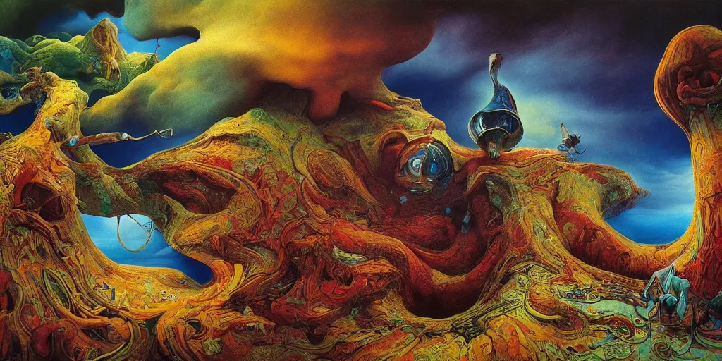 Prompt: ultrawide angle colour masterpiece surreal closeup portrait photography of surrealism by annie leibovitz and michael cheval, double exposure, weird surreal epic psychedelic complex biomorphic 3 d fractal landscape in background by kilian eng and roger dean and giger and salvador dali and beksinski, 8 k