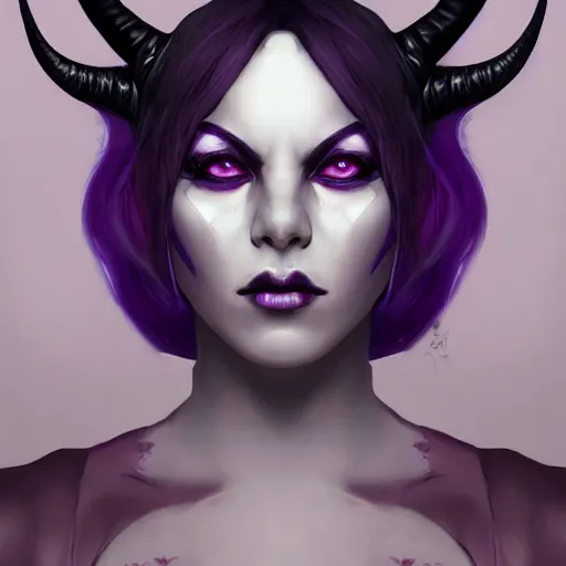 Image similar to a portrait of a tiefling with purple skin and black hair, symmetrical black horns stunning digital painting trending on artstation
