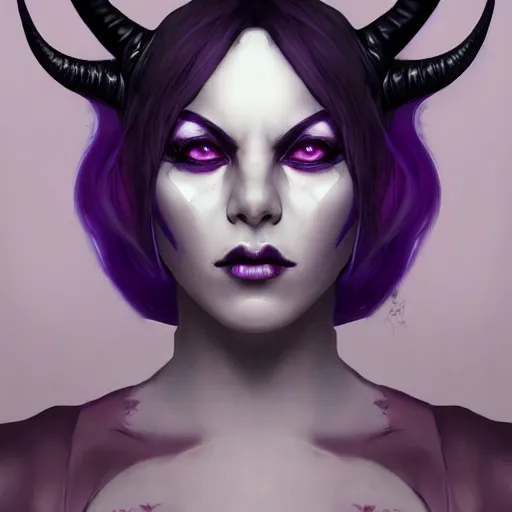 Prompt: a portrait of a tiefling with purple skin and black hair, symmetrical black horns stunning digital painting trending on artstation