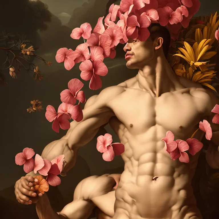 Image similar to still life of human muscular body covered with tropical flowers, wide shot, soft glow bloom lucid dream - like ethereal atmosphere, baroque portrait painting, perfect composition, beautiful intricate detailed octane render trending on artstation, 8 k artistic photography, volumetric cinematic perfect light, chiaroscuro, masterpiece, raphael, caravaggio, rutkowski, beeple, beksinski