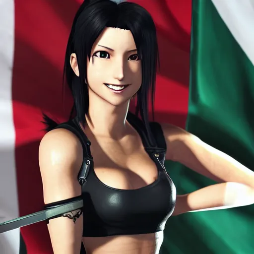 Prompt: Tifa Lockhart from Final Fantasy VII Remake (2020) laughing with the Italian flag in the background