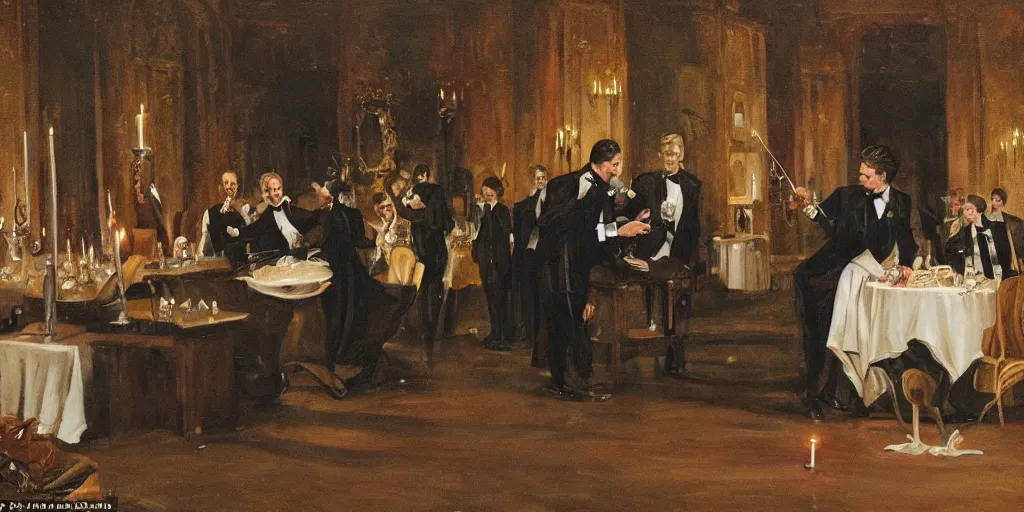 Image similar to muskrat rushes to the reception in a tailcoat with a bow tie on the water in the palace, candlelight, painting, painting, ball, borroco