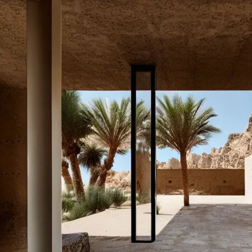 Image similar to brutalism hotel in the desert, biophilia mood, pool, garden, highly detailed, cinematic, photorealistic, made of concrete and steel