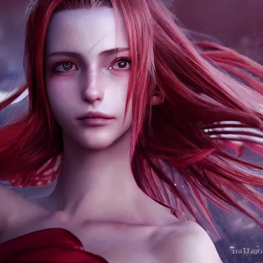 Image similar to epic scene of very attractive final fantasy vii female character, detail face, lovely eyes and detailed lips, with amazing detail red dress, feet in high heels, side view ) ( fighting ) hyper realistic 3 d render, art station, particles, epic scene, mucha, clouds, seductive jump pose, blur focus, action,