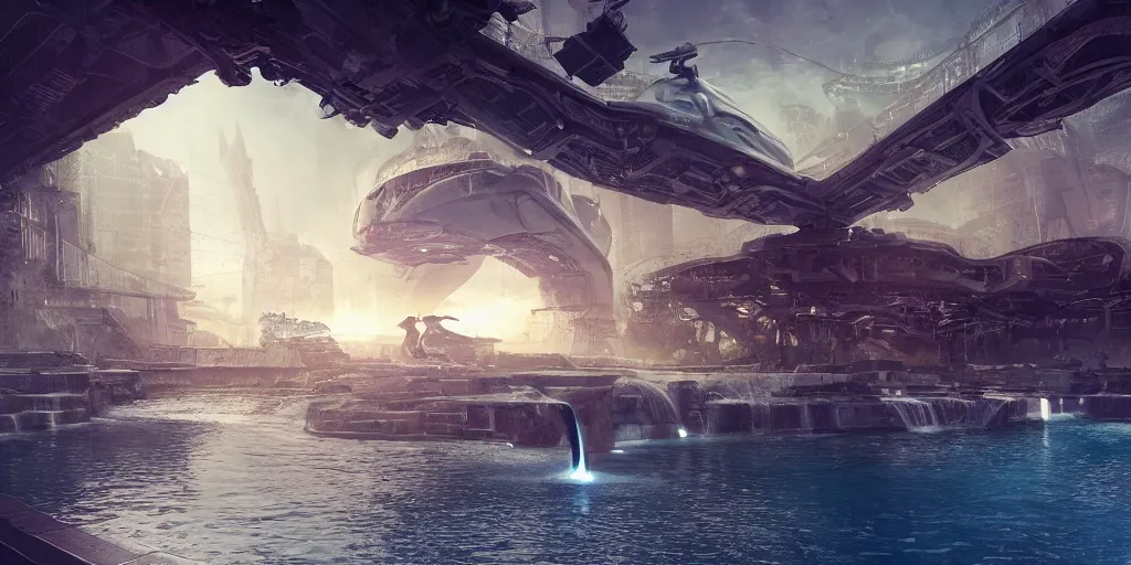 Prompt: alien spacecraft hovering over beautiful pool waterfalls surrounded by alien robots, steel archways, industrial buildings, rusty metal towers, sun setting, ross tran, fantasy, james jean, peter morbacher, angelarium, alchemy, luxury, heavenly light, soft illumination, trending on artstation, cinematic lighting, digital painting, octane render