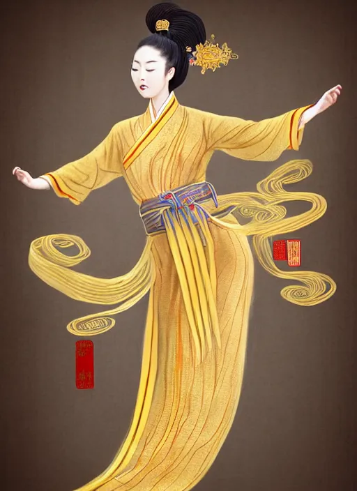 Image similar to full body portrait of a dancer throwing silk belts, feet, barefoot, full body, vivacious, extremely beautiful, gold jewelry, hanfu, chinese ribbon dance, wide ribbons, silk belt, ming dynasty, detailed, realistic face, anatomically accurate, fantasy art, ghostblade, wlop.