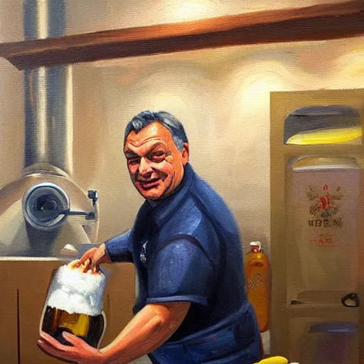 Prompt: viktor orban brewing beer in his kitchen, oil painting