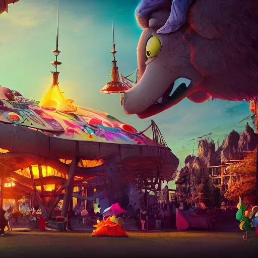 Image similar to animeland themepark, dramatic lighting and composition, surreal background, octane render, pixar, trending on artstation, photorealistic, high resolution, 8 k