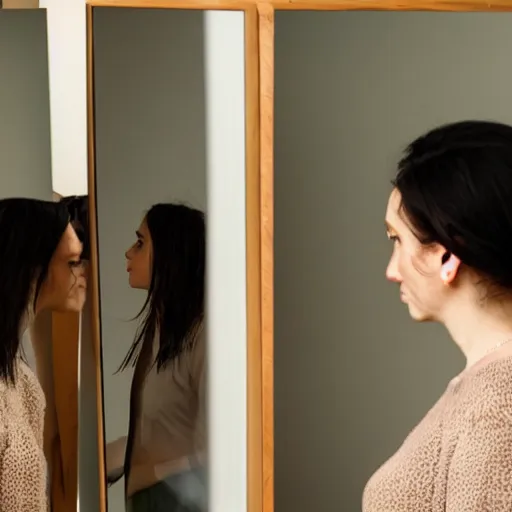 Prompt: A photo of a person with a soul looking at her reflection in a mirror but the reflection is soulless