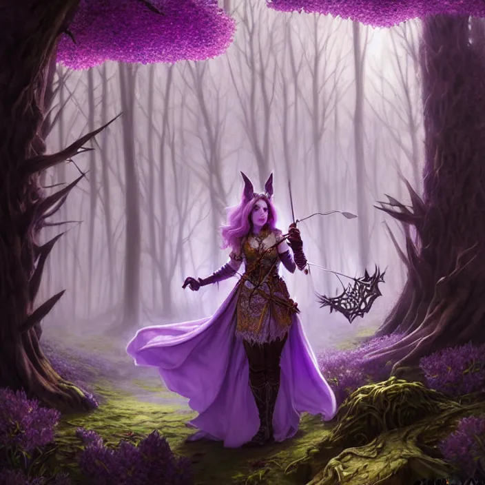 Image similar to d & d bard with her lilac leather armor in a forest, volumetric lighting, fantasy, intricate, elegant, highly detailed, lifelike, photorealistic, digital painting, artstation, fox ears illustration, concept art, sharp focus, by john collier and albert aublet and krenz cushart and artem demura and alphonse mucha