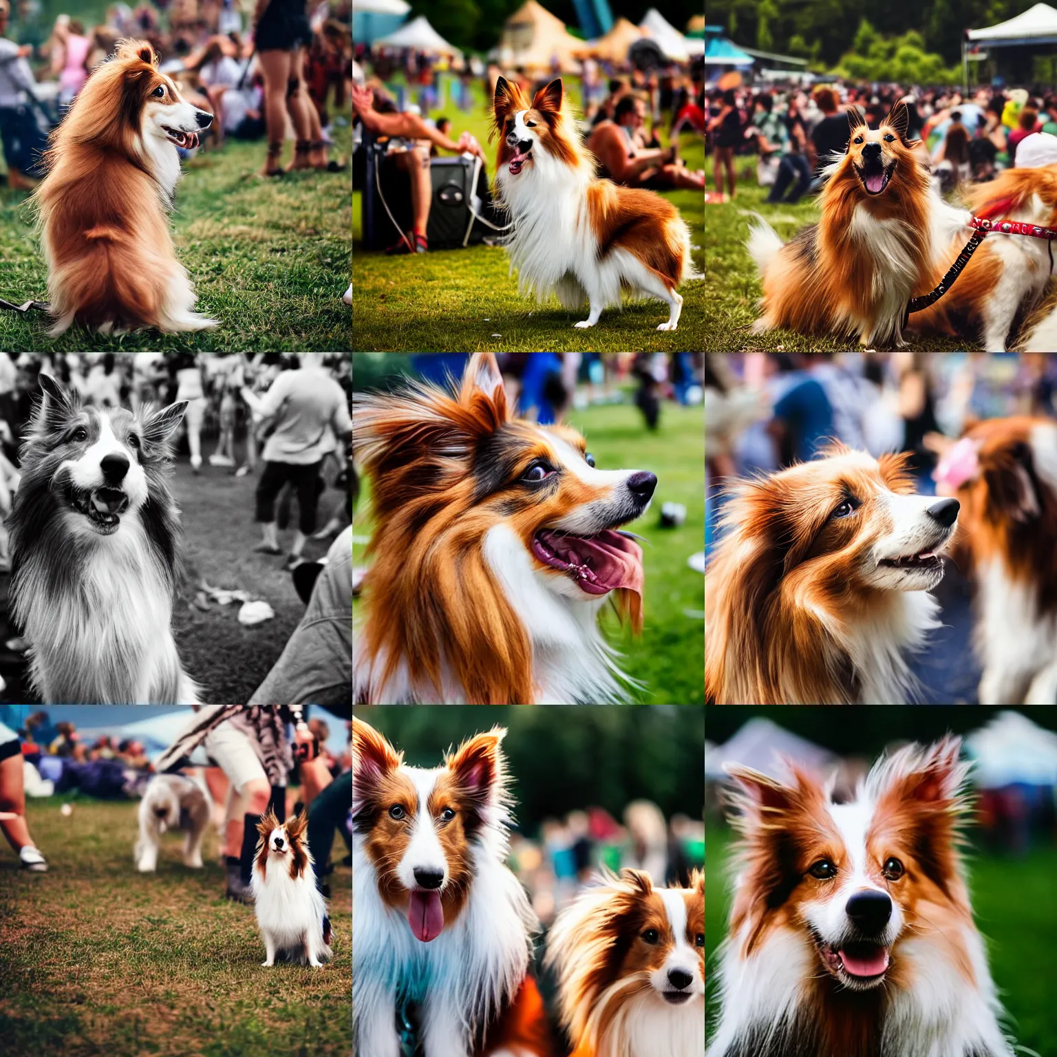 Prompt: a sheltie crying at a music festival, in the background there's is a fight going on, photograph, depth of field, ultra detailed