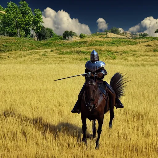 Image similar to knight riding a horse in a field, full 8 k highly detailed unreal engine 5 render