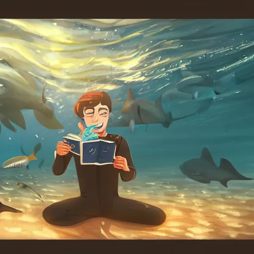 Image similar to man with a vintage diving suit reading a book underwater with sharks around him in the style of makoto shinkai, digital painting, good composition, godrays, trending on art station, high detail