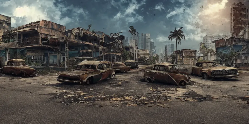 Image similar to wide angle shot of dilapidated fallout 5 tropical coastal city in real life, desolate, dilapidated, empty streets, nightmarish, some rusted retro futuristic fallout vintage style parked vehicles, sunny weather, few clouds, volumetric lighting, photorealistic, daytime, autumn, sharp focus, ultra detailed, cgsociety