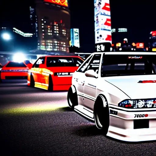 Image similar to a car JZX100 twin turbo drift at illegal car meet, Shibuya prefecture, city midnight mist lights, cinematic lighting, photorealistic, highly detailed wheels, high detail