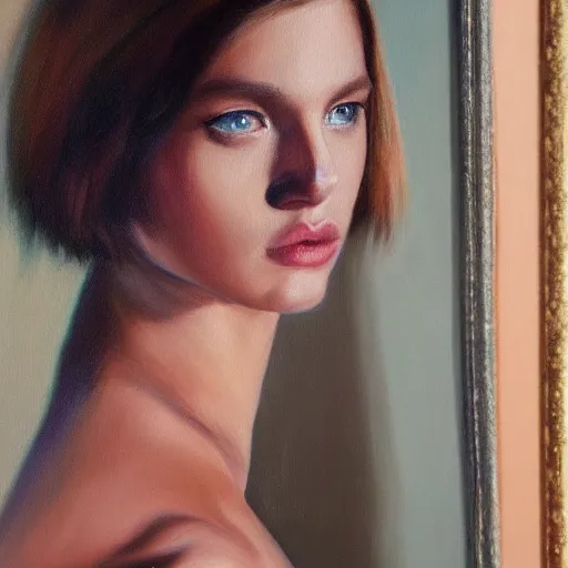 Image similar to hyperrealism oil painting of a sensual fashion model looking in mirror