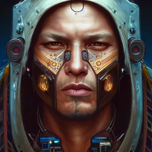 Image similar to portrait painting of a cyberpunk decker native american man, ultra realistic, concept art, intricate details, eerie, highly detailed, photorealistic, octane render, 8 k, unreal engine. art by artgerm and greg rutkowski and charlie bowater and magali villeneuve and alphonse mucha