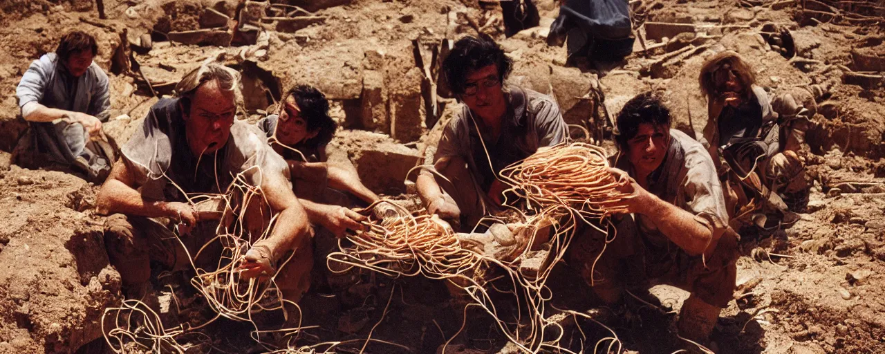 Prompt: archaeologists discovering ancient spaghetti, canon 5 0 mm, super detailed face, facial expression, cinematic lighting, photography, retro, film, kodachrome