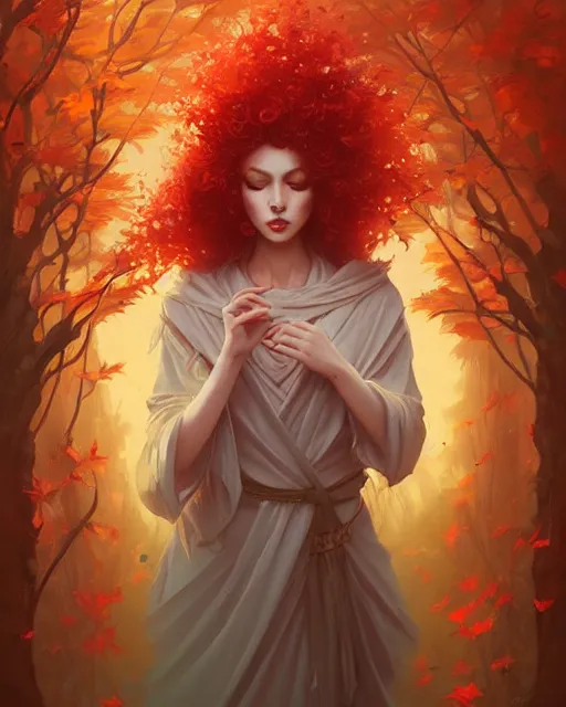 Image similar to beautiful autumn priestess with curly red - hair, flurry of leaves and flowers, warm aura, artgerm, peter mohrbacher, alena aenami, artstation