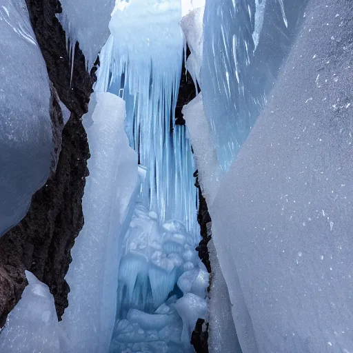 Image similar to narrow ice cave with low ceiling and narrow rough river running through it, surreal,