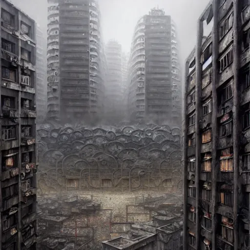 Prompt: brutalist, soviet architecture, kowloon city, hong kong, grey, intricate, ugly highly detailed, centered, digital painting, artstation, concept art, smooth, sharp focus, illustration, artgerm, tomasz alen kopera, peter mohrbacher, donato giancola, joseph christian leyendecker, wlop, boris vallejo