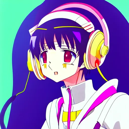 Image similar to An anime character's head wearing retro headphones. 90s anime, Sailor Moon, Neon Genesis, official art, flat cell shading, fantastic screenshot art, trending on artstation, muted nostalgic colors