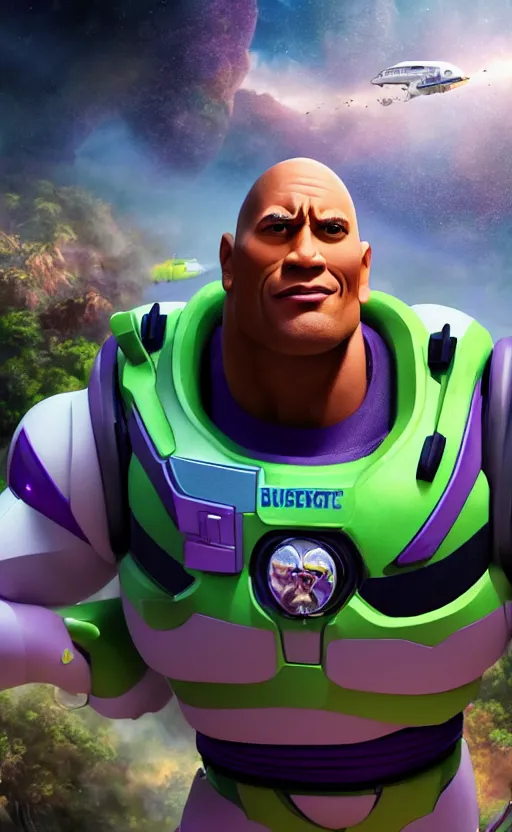 Prompt: dwayne johnson as buzz lightyear, dynamic lighting, photorealistic fantasy concept art, trending on art station, stunning visuals, creative, cinematic, ultra detailed