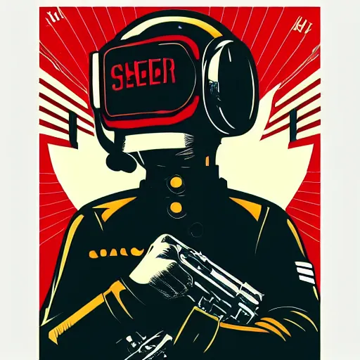 Image similar to Illustrated by Shepard Fairey and H.R. Geiger | Cyberpunk Soviet soldier with VR helmet, surrounded by cables, Soviet Propaganda poster