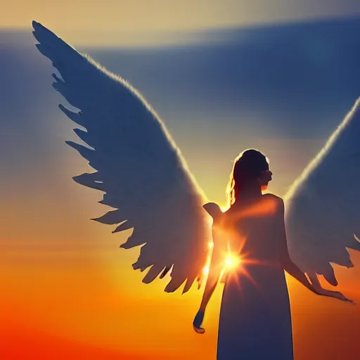 Image similar to beautiful angel with majestic wings flying in the sky during a sunset, cinematic, photo, real