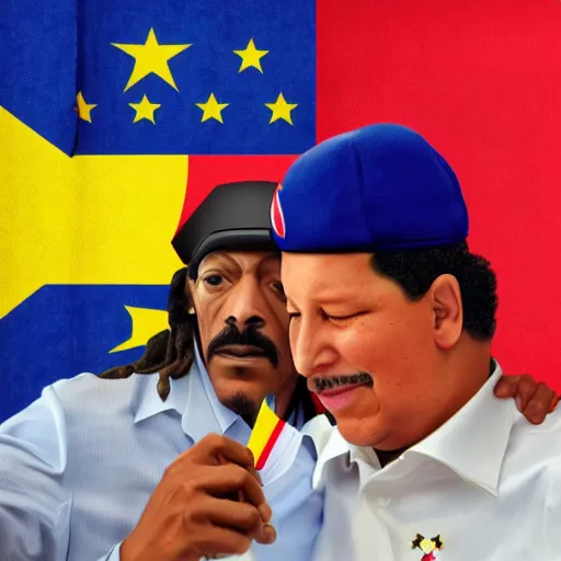 Prompt: hugo chavez smoking with snoop dog in a party inside a private jet, realistic render, award winning photography, very coherent, many details, venezuelan flag, detailed faces