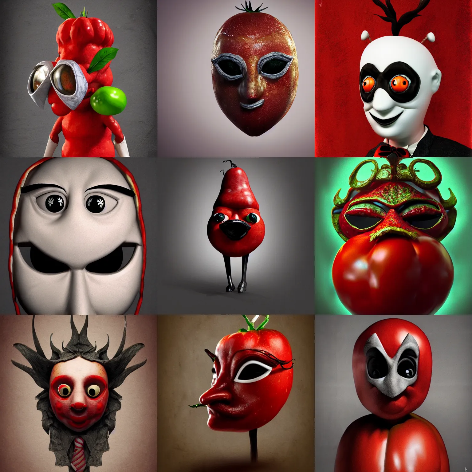 Prompt: a highly detailed tomato character, hooknosed, wearing a black pulcinella masquerade mask, cinematic lighting, deviantart, concept art, lowbrow, surrealism, artstation, acclaimed movie still