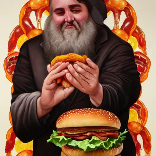 Prompt: detailed full body concept art illustration oil painting of Daniel Day Lewis molesting and groping hamburgers, extra ketchup, bacon lettuce and tomatos, oriental art nouveau, frock, mid body, radiant halo of light, black gold smoke ink, fat man covered in bacon and cheese, peter mohrbacher, artgerm