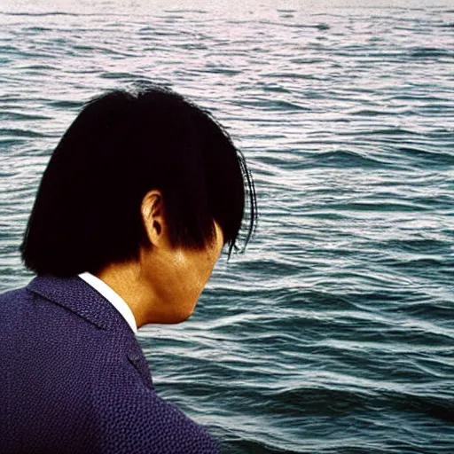 Image similar to japanese man with long hair in a suit standing in the ocean looking at the camera, wide shot, far away, zoomed out, distance!!!!!!! shot, sunset, album cover, 1980, tatsuro yamashita, ride on time