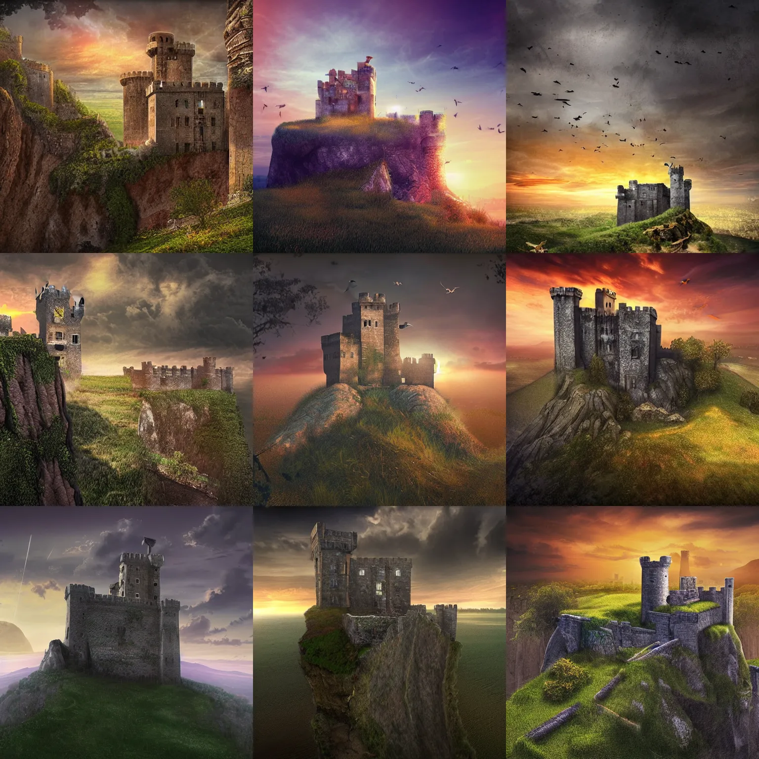 Prompt: Castle on the edge of a cliff with a lot of fields outside the caste. walls, dystopia, dark atmosphere, sunset, bird view, digital art, high detail