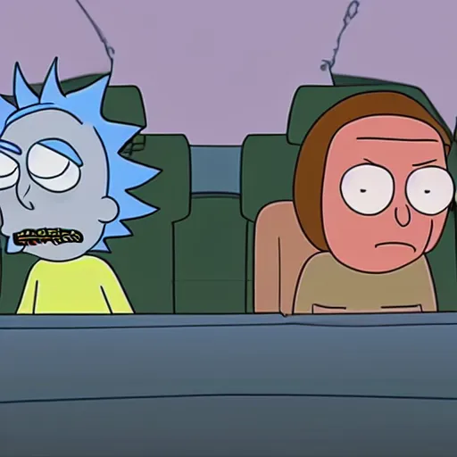 Prompt: ultra realistic rick and morty riding in a car wearing sunglasses