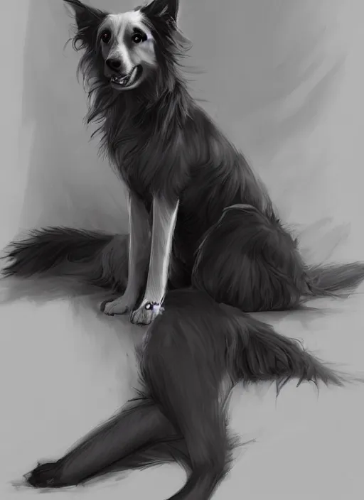 Image similar to wide angle beautiful full body portrait of a strong male anthropomorphic anthro border collie fursona wearing an evening gown and sitting in a parlor room, character design by charlie bowater, henry asencio, and ross tran, furry art, furaffinity, beautiful, glamor pose, detailed, aesthetic, trending on artstation