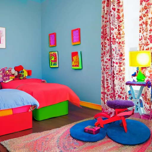 Prompt: colorful children ’ s bedroom with toys