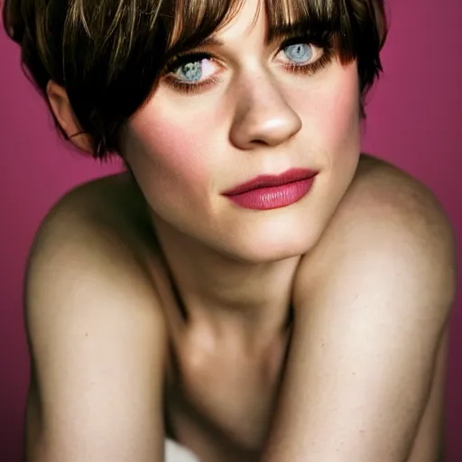 Image similar to portrait of zooey deschanel with pink pixie cut hairstyle by mario testino, headshot, detailed, award winning, sony a 7 r