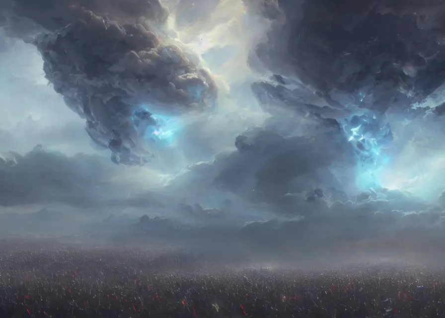 Image similar to large abstract painting of giant Joe Biden cosmic clouds ermerging grinning at giant immense crowd of person army, trending on ArtStation, masterpiece, by Greg Rutkowski, by Ross Tran, by Fenghua Zhong, octane, lightbeam eyes, soft render, clear facial features, oil on canvas,, moody lighting, cinematic, professional environment concept art