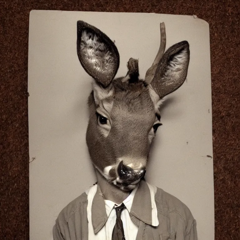 Image similar to deer headed human, old jail mugshot