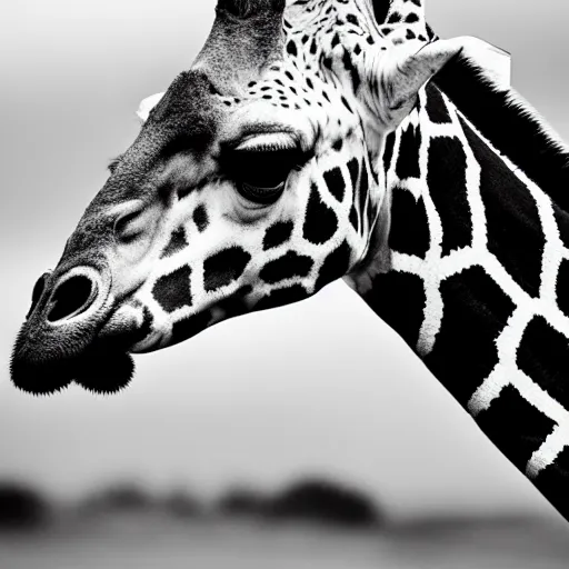 Image similar to a black and white portrait photo of a giraffe. very detailed