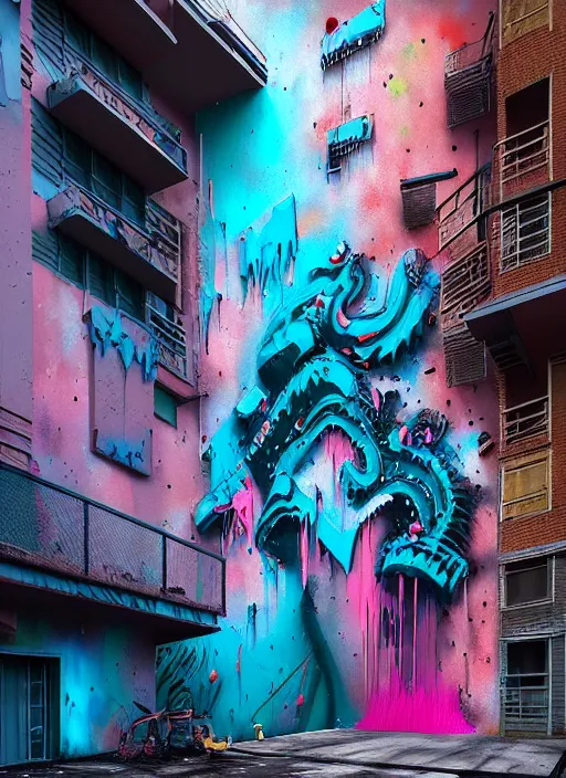 Image similar to matte painting extreme offset 3 d calligraphy graffiti mural dripping paint wall extreme maximalism by artur bordalo, by atey ghailan, by greg rutkowski, by greg tocchini, by james gilliard, by joe fenton, pink, brown, black and light blue color scheme, octane render