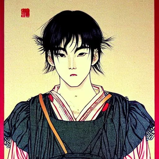 Image similar to painting of grumpy handsome beautiful man named min - jun in a french maid outfit, elegant, clear, painting, stylized, delicate facial features, soft, art, art by takato yamamoto
