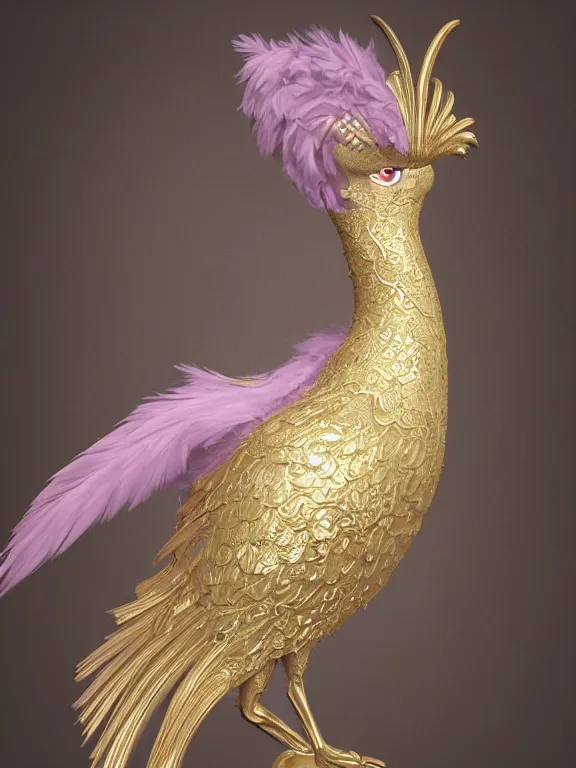 Image similar to a beautiful render of an exotic pale lilac feathered and metallic gold bird with red jewel eyes, surrounded by an elaborate decorative plaster arabesque rococo motif, by Raphael and Antoine Watteau, zbrush, redshift render, 8k, hyperreal