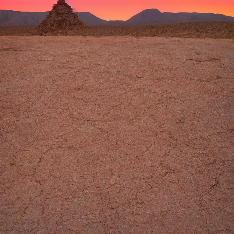 Prompt: cracked dry ground, desert, babel tower in the background, fire, red sky